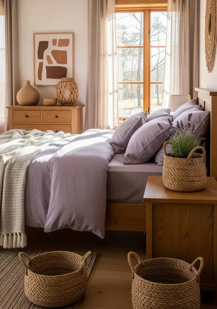 lavender and wood bedroom design