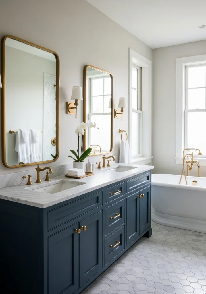 Dark navy bathroom cabinets with brass handles and bright countertops