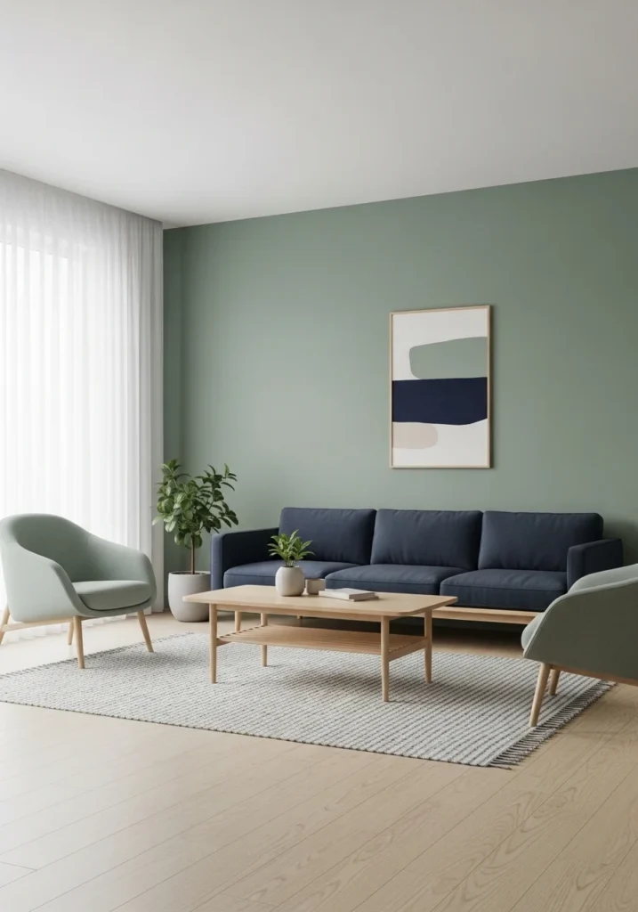 Minimal navy and sage living room with a clean and balanced design.