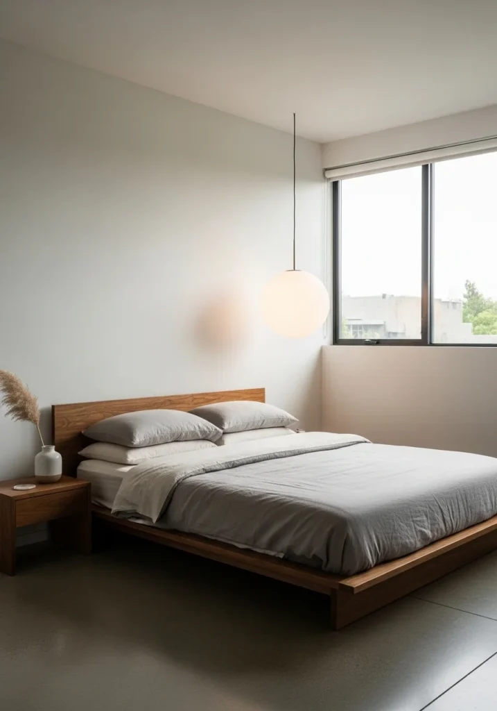 calm uncluttered mid century modern bedroom layout