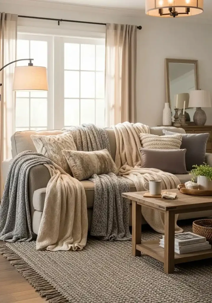 Cozy layered throws in gray and beige living room setup
