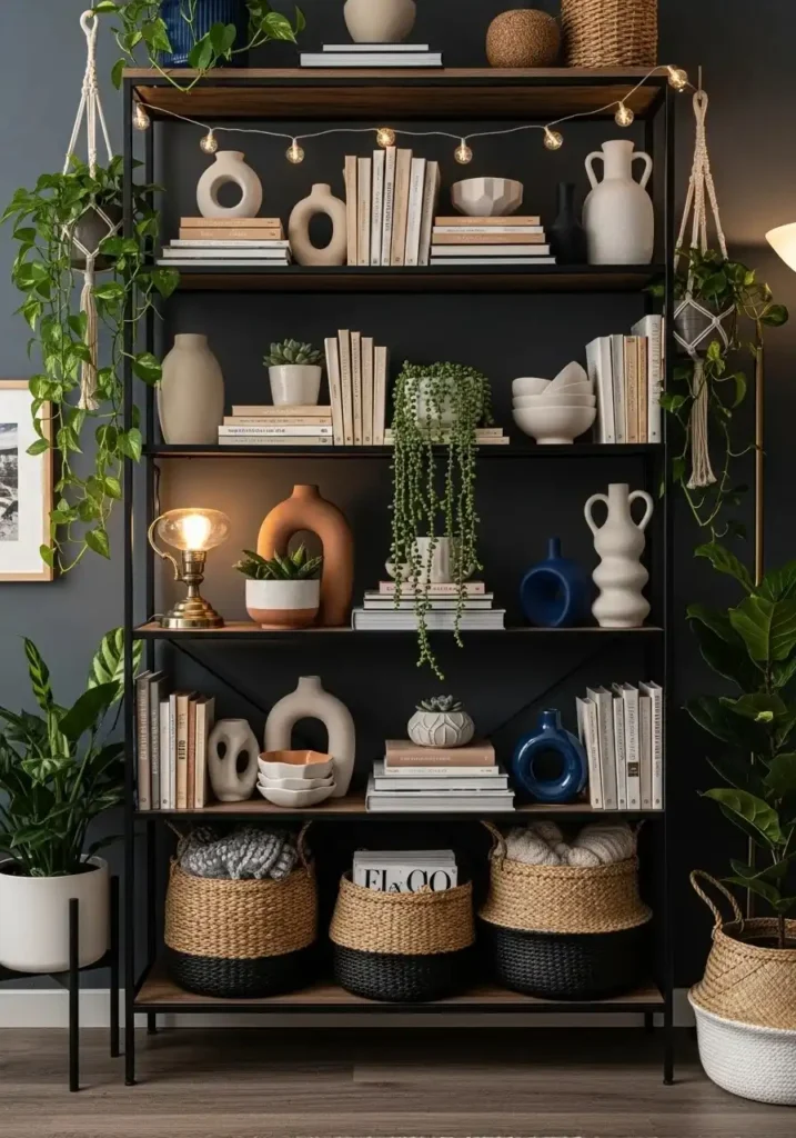 boho bookshelf decor living room