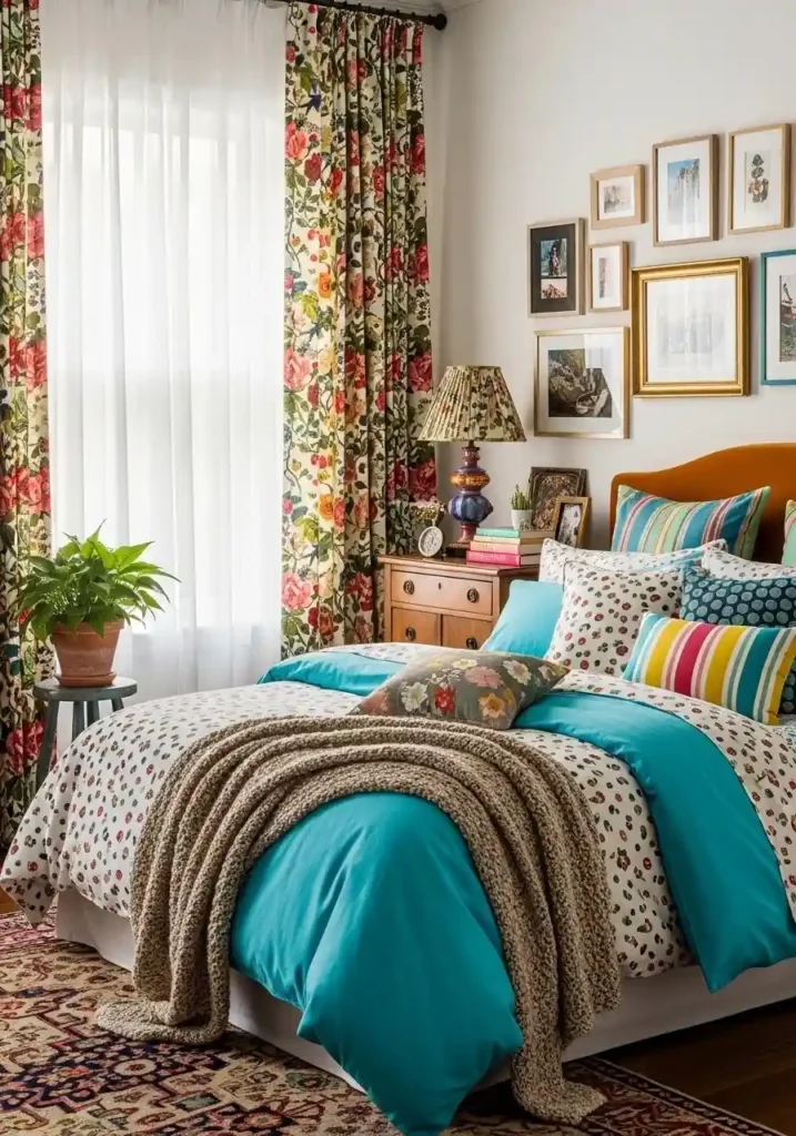 Layered sheer and printed drapes adding color and style.