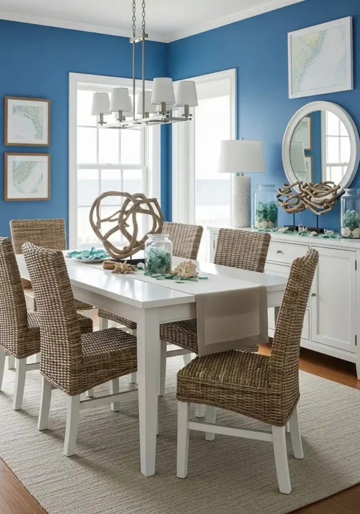 Coastal-inspired blue dining room with white furniture and wicker accents, evoking a calm, vacation-like atmosphere