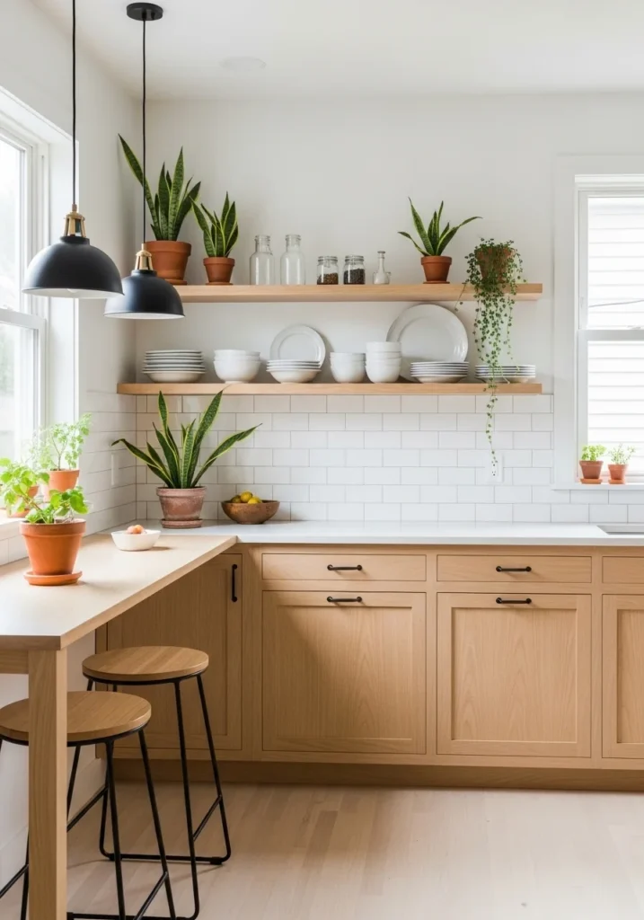 Scandinavian kitchen with light wood cabinets and greenery.