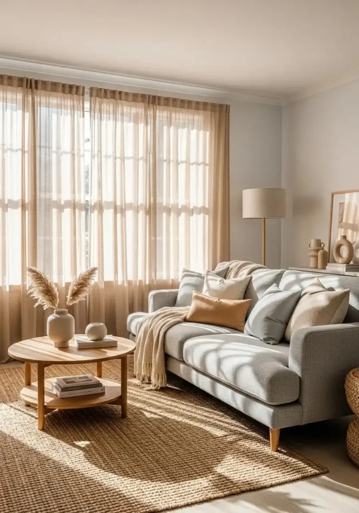 Sheer curtains adding light and airy feel to a gray and beige living room