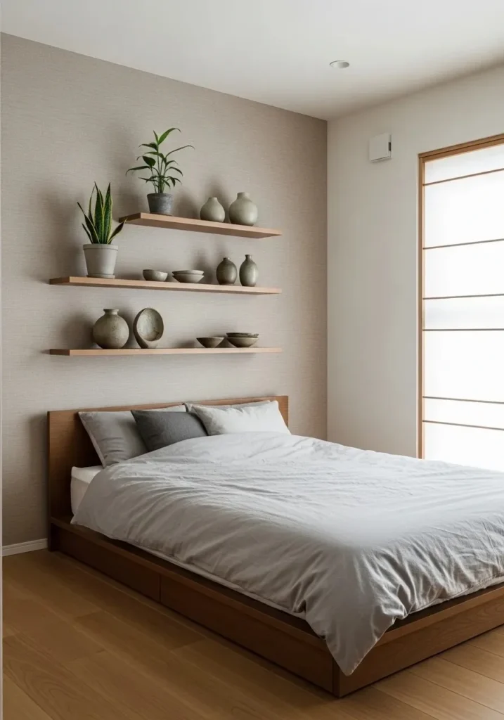 Floating wall-mounted shelves in a minimalist Japanese bedroom