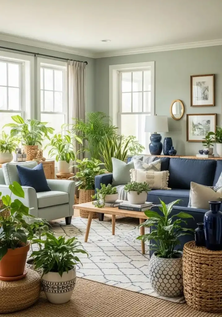 Greenery adding freshness to a navy and sage living room.