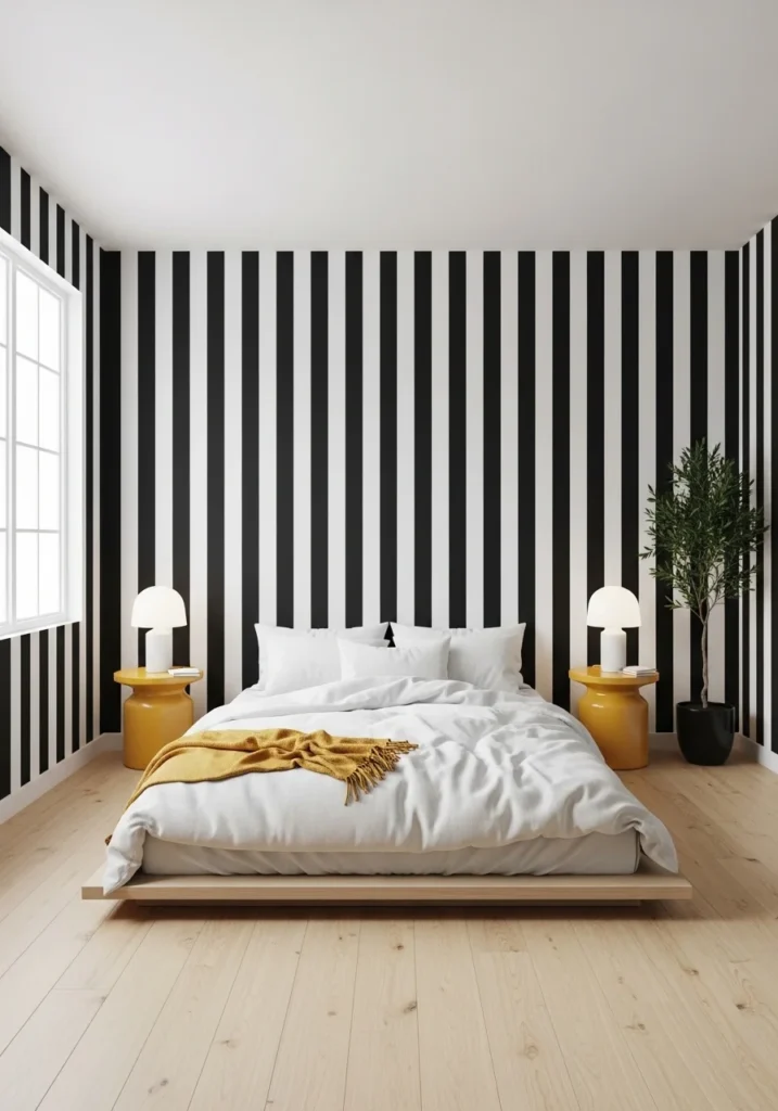 Bedroom with black and white striped wallpaper accent wall