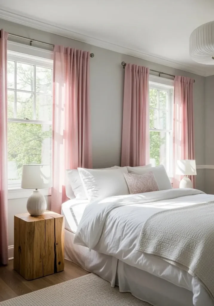 Gray bedroom with pink curtains and white bed linens creating a soft, airy look.