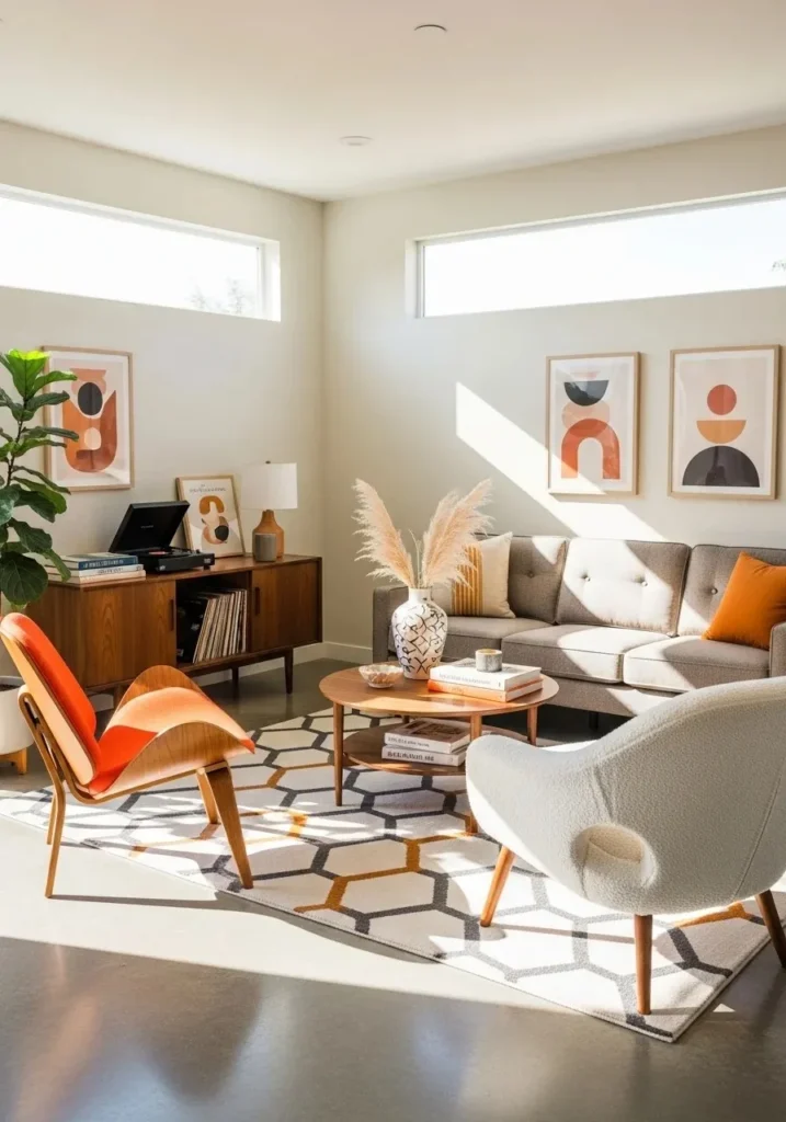 mid century modern living room with accent chair