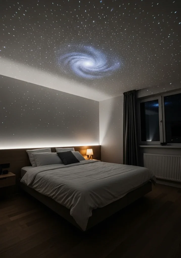 Bedroom with glowing ceiling stars creating a calming night sky look.
