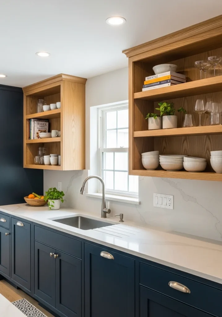 Blue cabinets paired with natural wood open shelves in a cozy kitchen.