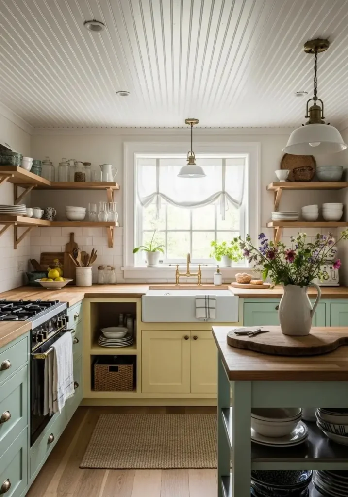 “Beadboard ceiling in a kitchen with pastel cabinets and cottage charm.