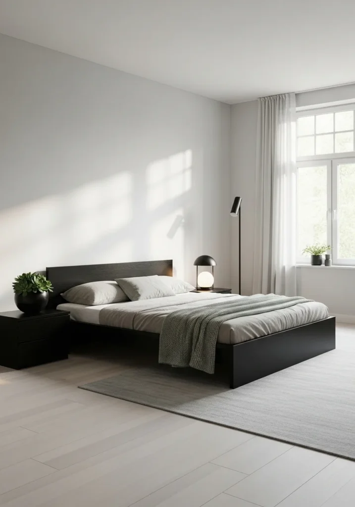 Minimalist bedroom using black and green accents creates a calm, stylish space.