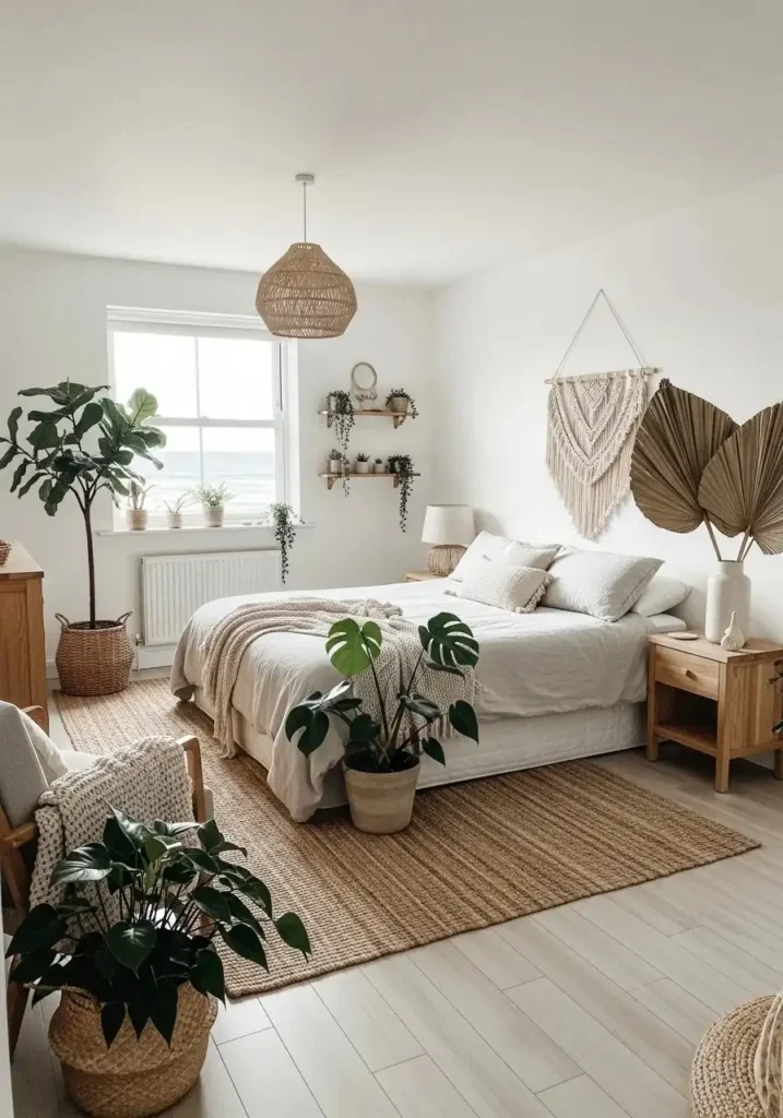 Coastal bedroom with greenery and natural fresh decor