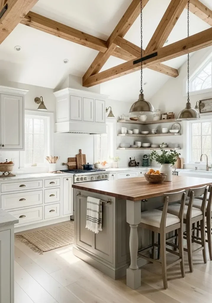 vaulted ceiling kitchen with exposed wooden beams