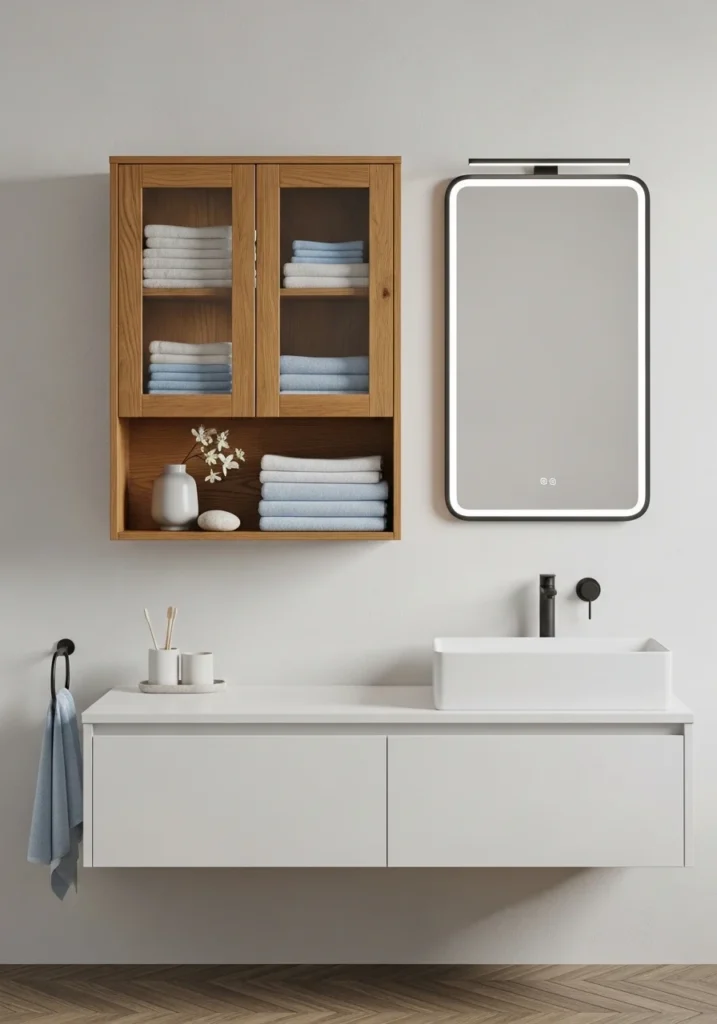 Floating bathroom cabinet with decor.