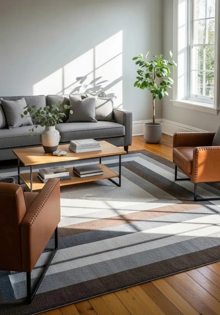 Layered gray and brown rugs define the seating area in a cozy, stylish living room.