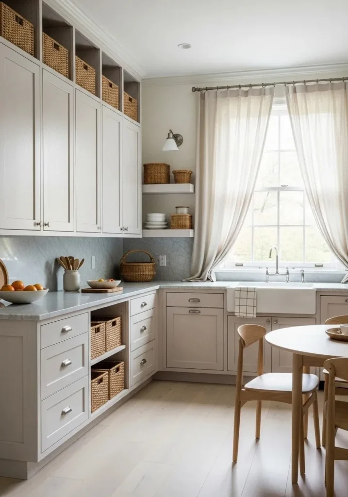 Whitewashed wood cabinets in a soft, airy kitchen.