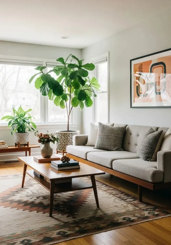 mid century modern living room with indoor plants