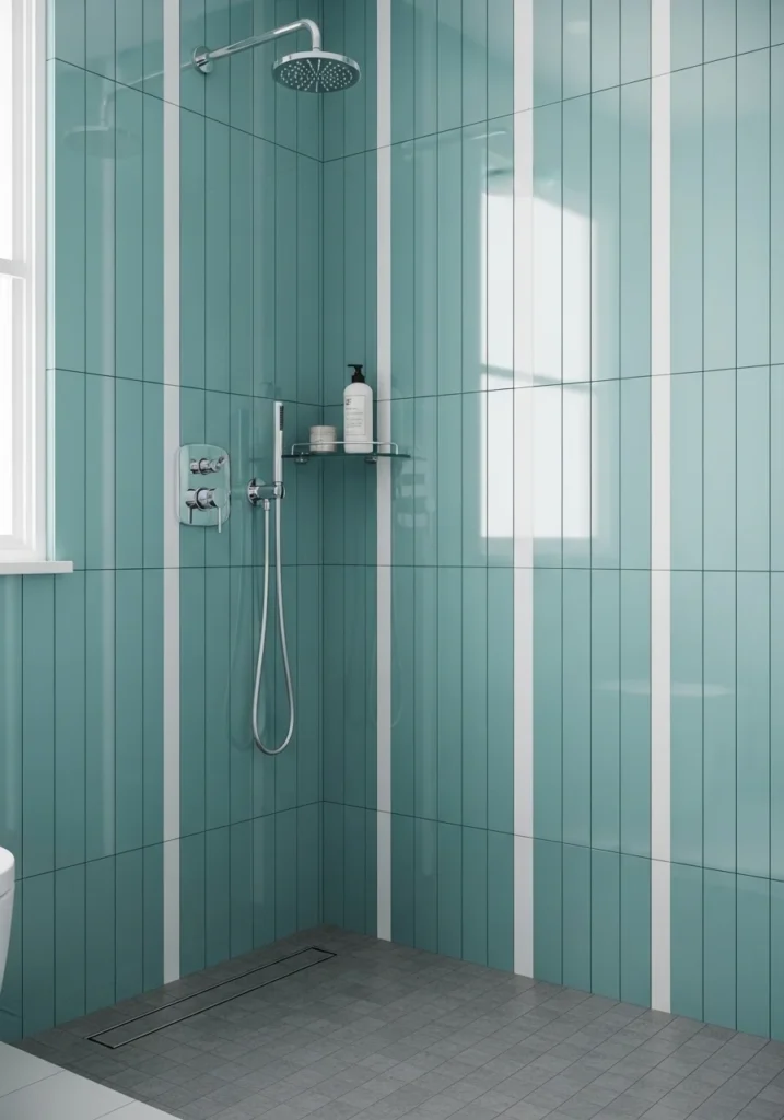 Blue subway tiles in shower with white grout.