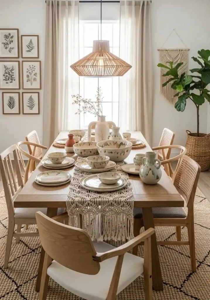 Boho dining table styled with handmade ceramics for an artistic touch