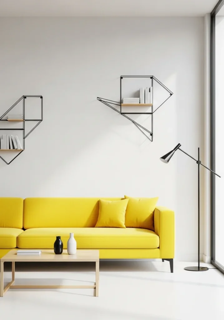 Minimalist living room with yellow sofa.