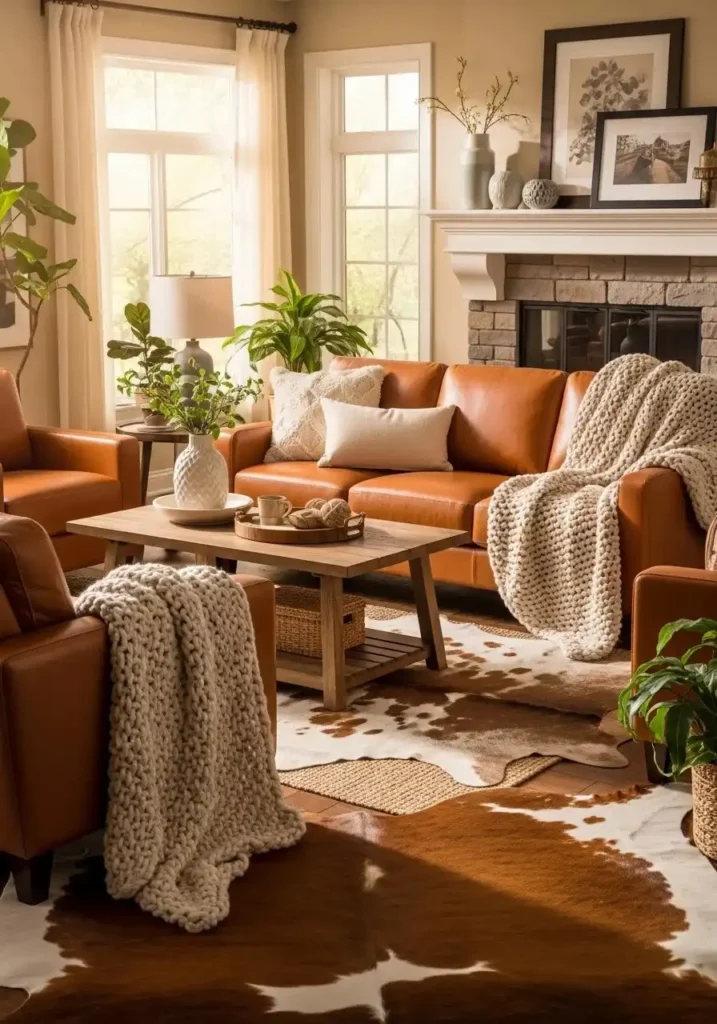 Leather sofa and armchairs with cozy throws in a rustic western living room.