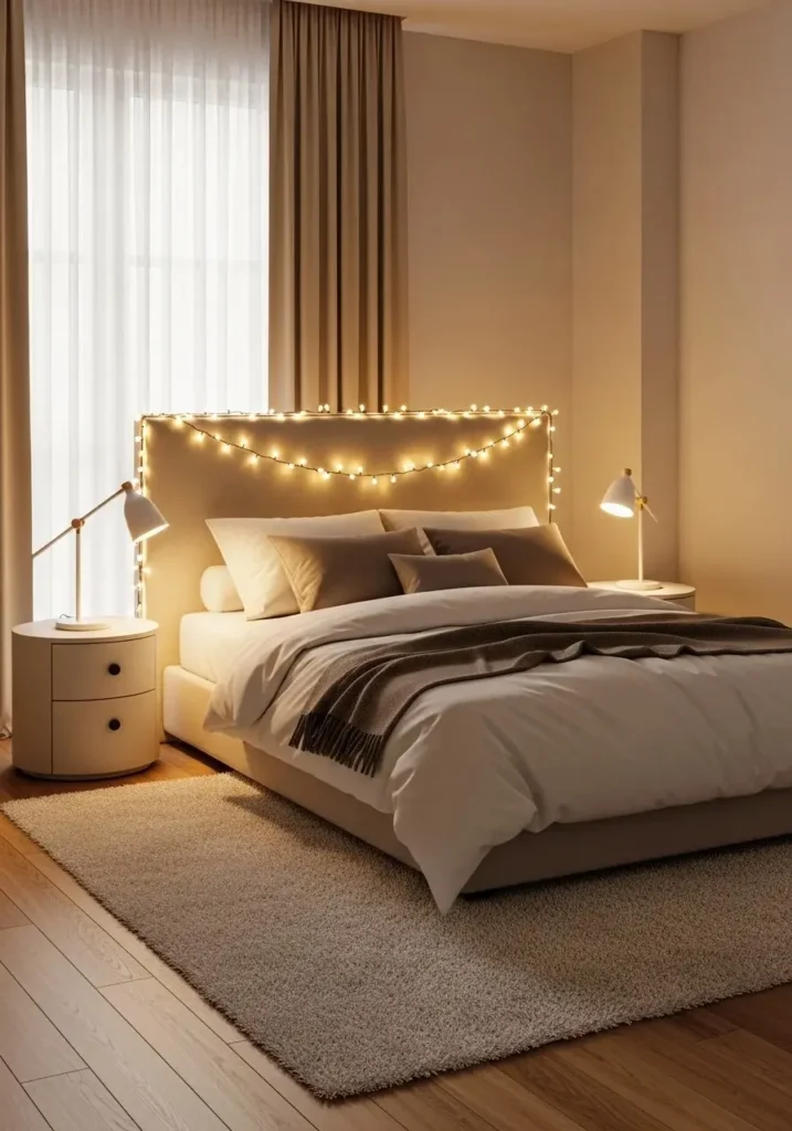 Headboard outlined with fairy lights creating soft lighting focus