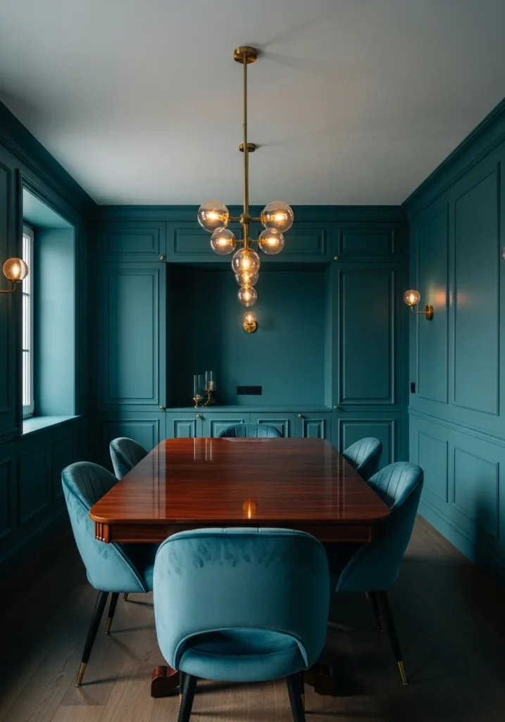 color drenched teal dining room