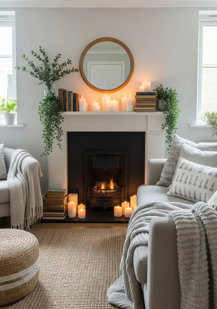 Cozy cottage living room with fireplace, mantel decor, and neutral furniture.