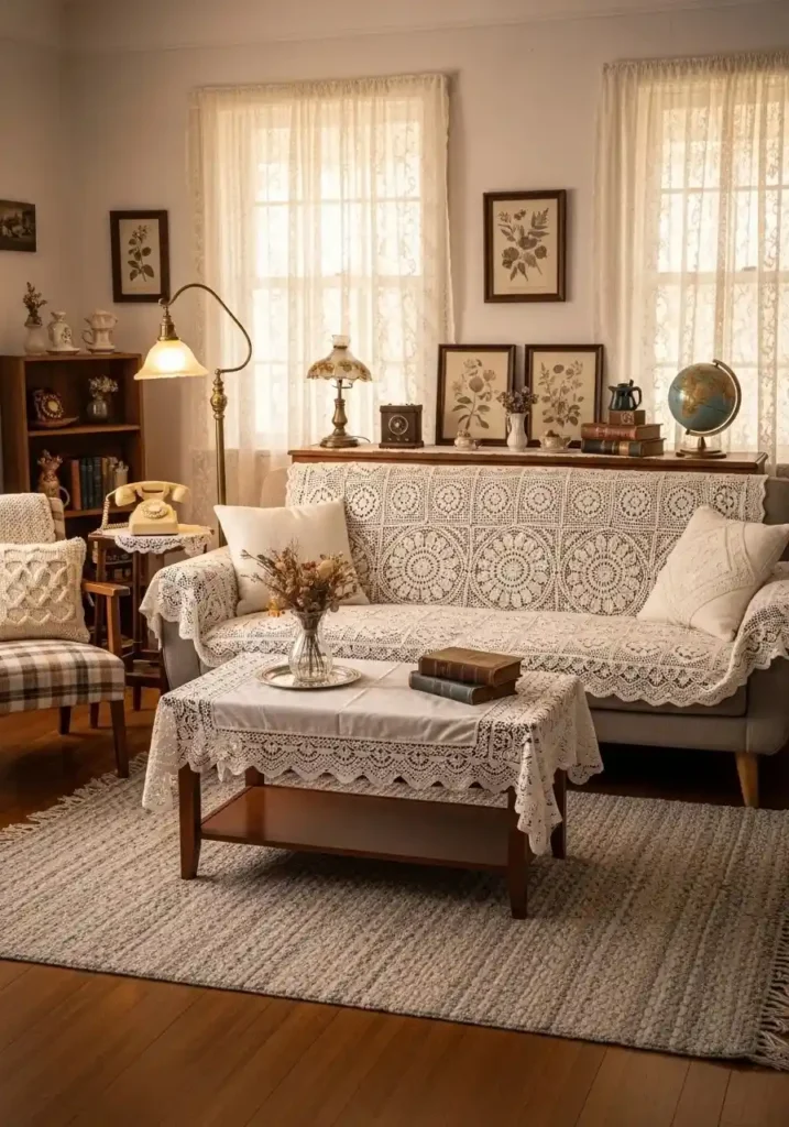 Crochet and lace textiles in a vintage living room