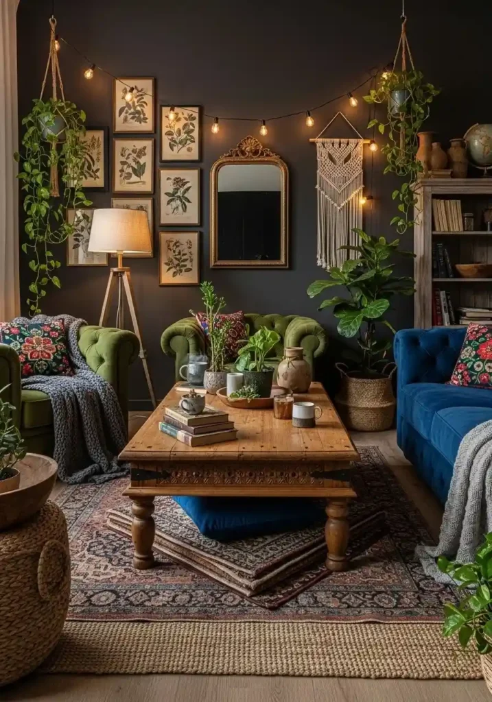 vintage wood furniture in boho living room