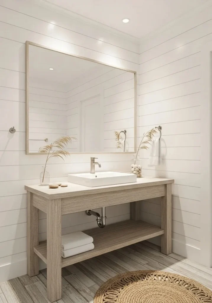 Coastal bathroom with white shiplap walls for a classic beach house look