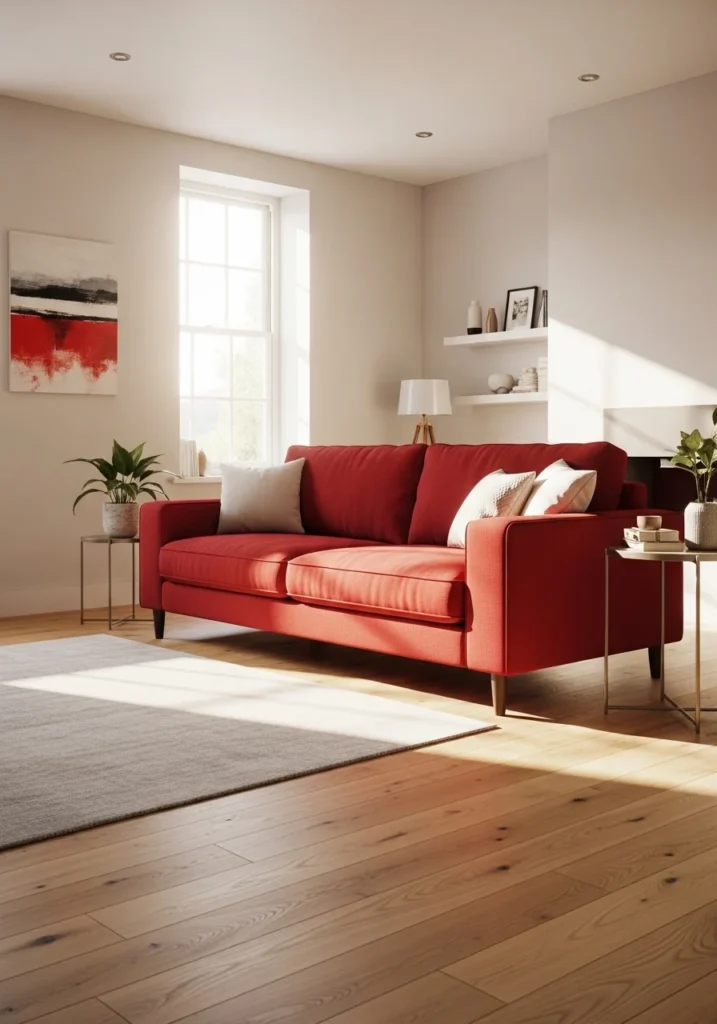 Red sofa on wooden floor.