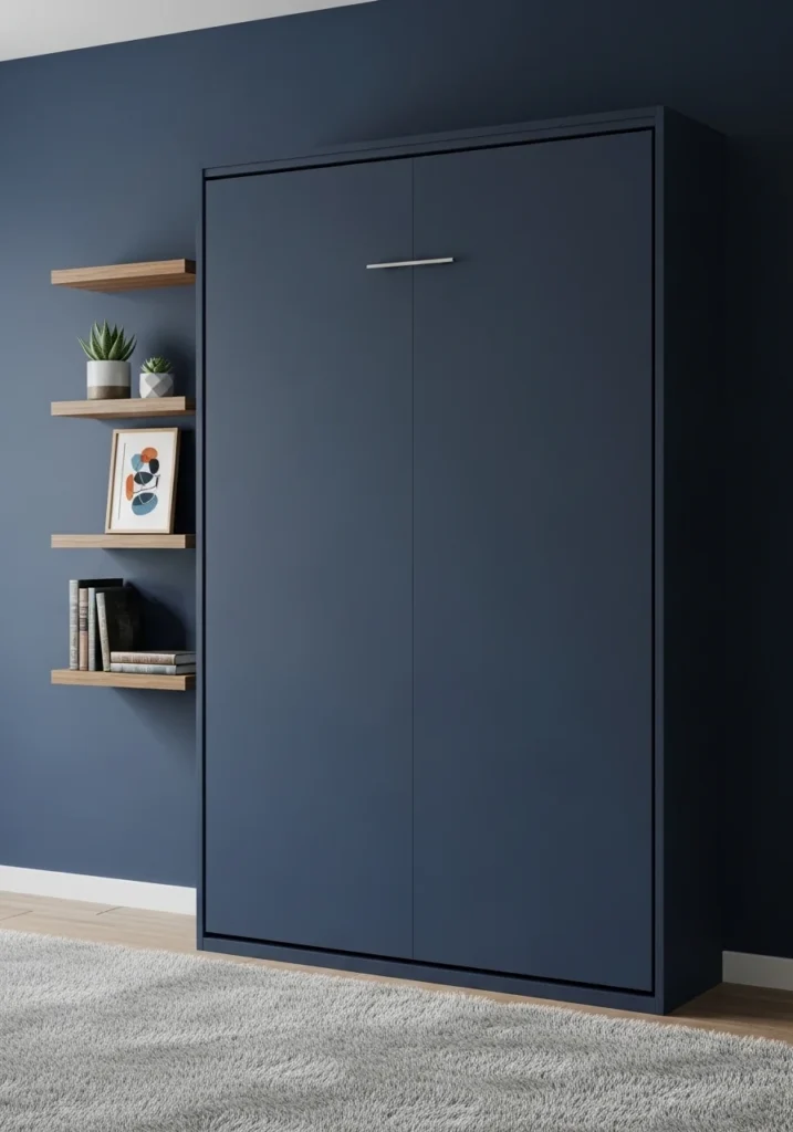 Murphy bed against a decorative accent wall, blending function with stylish design.