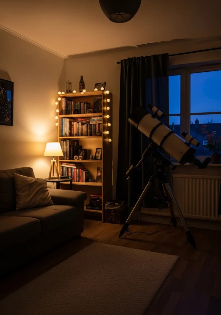 Personalized space themed bedroom with telescope and star map decor.