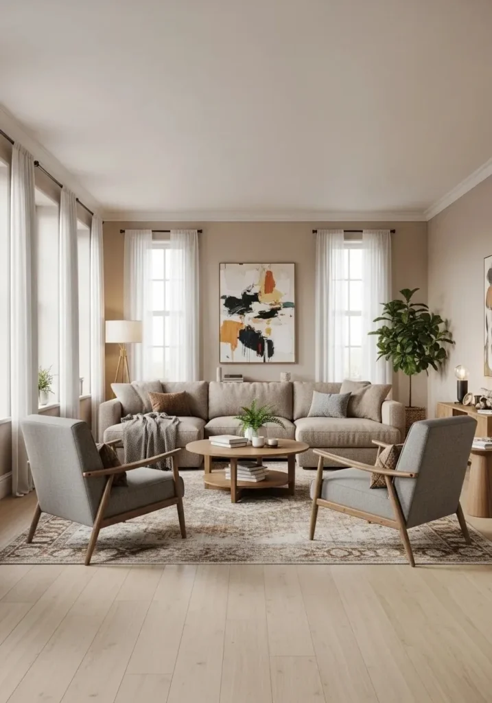 furniture pulled away from walls in long living room