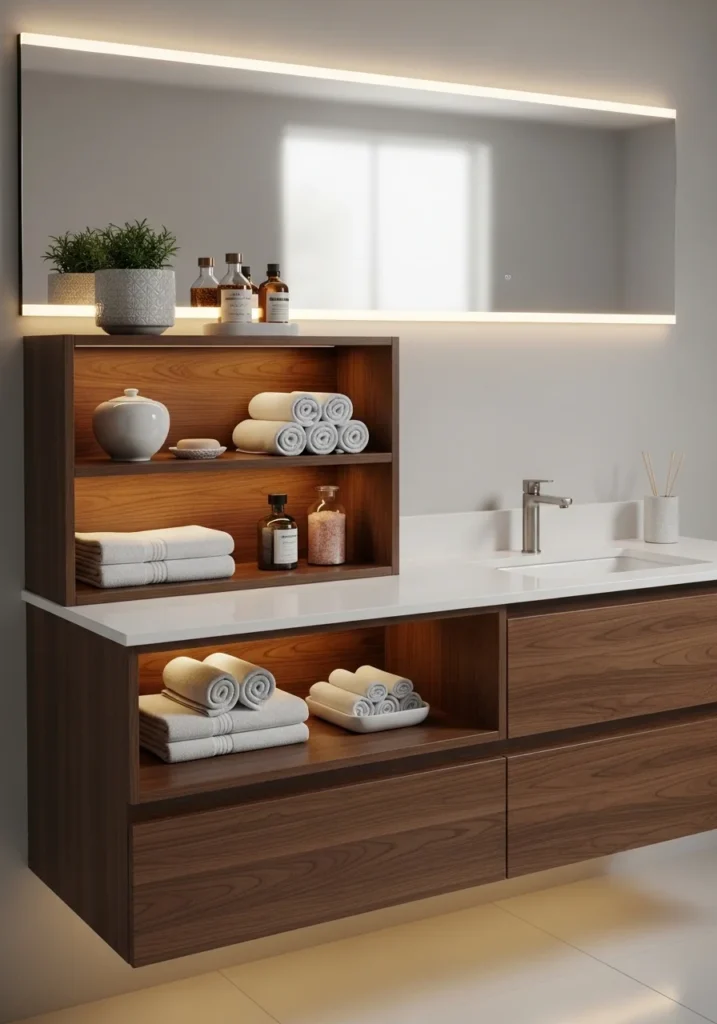 Bathroom cabinet with integrated lighting illuminating shelves and drawers