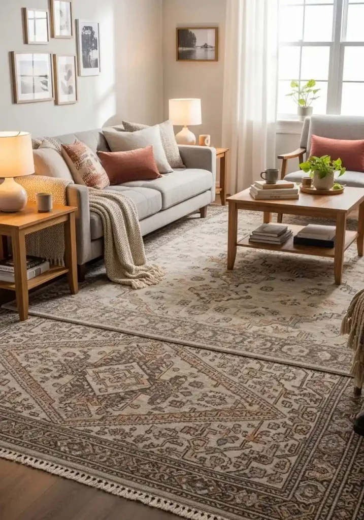 Layered rugs creating warmth and texture in a cozy cottage living room.