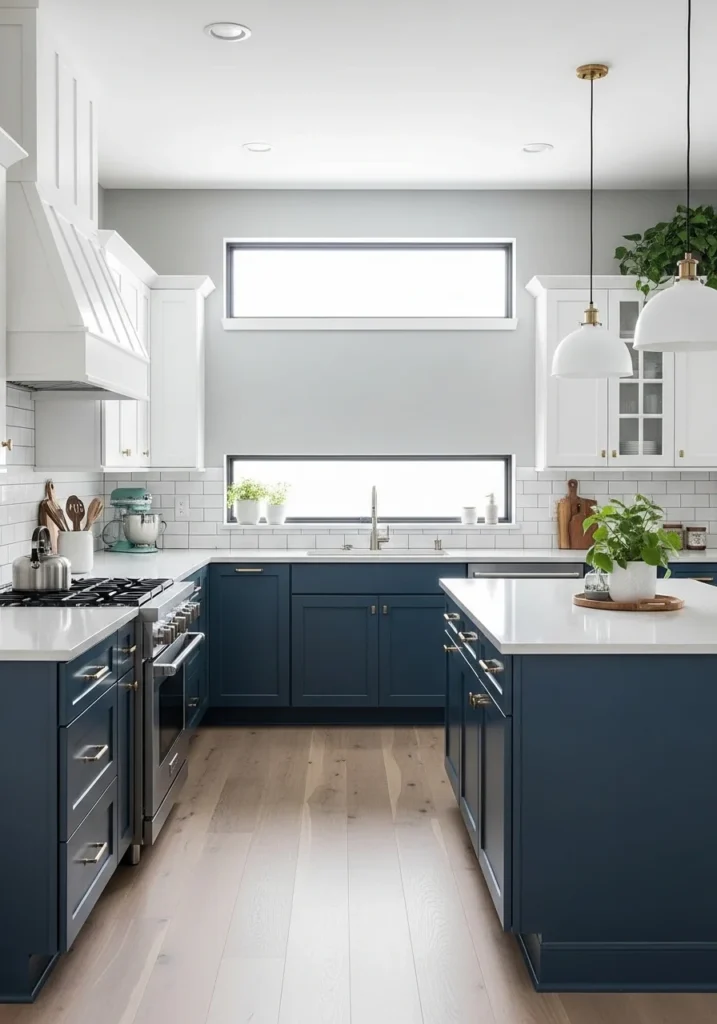 Two-tone blue and white kitchen cabinets with a modern balanced look.