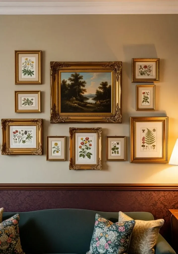 Vintage wall art gallery with ornate frames