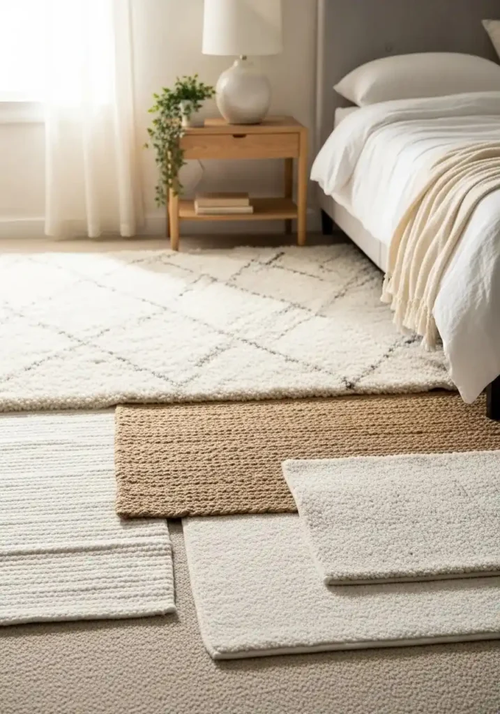Textured white rugs layering in cozy bedroom.