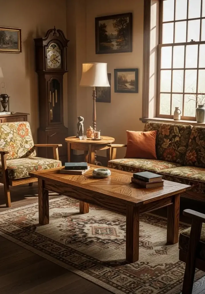 Vintage living room with wooden furniture adding warmth and character.