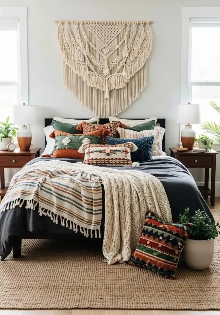Boho bedroom with macrame wall art above the bed.