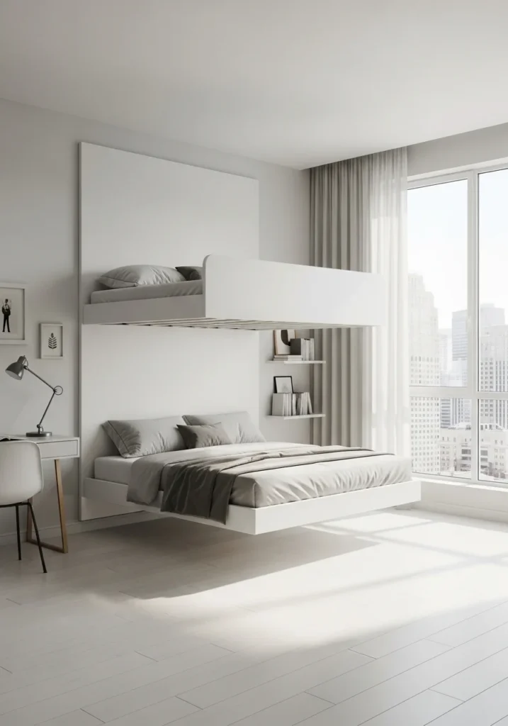 Floating loft bed mounted on the wall, creating a sleek, modern look and maximizing floor space.