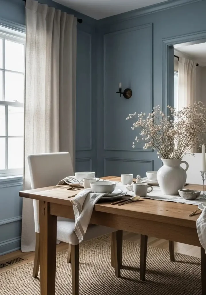 color drenched dusty blue dining room