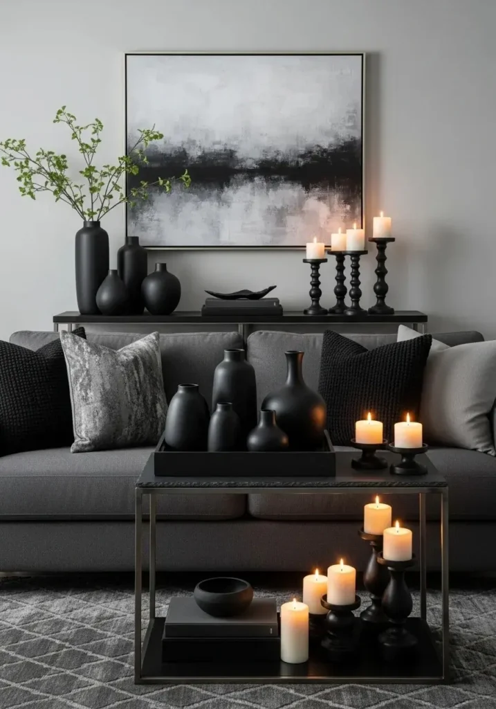 Black decorative accessories in a gray and black living room.