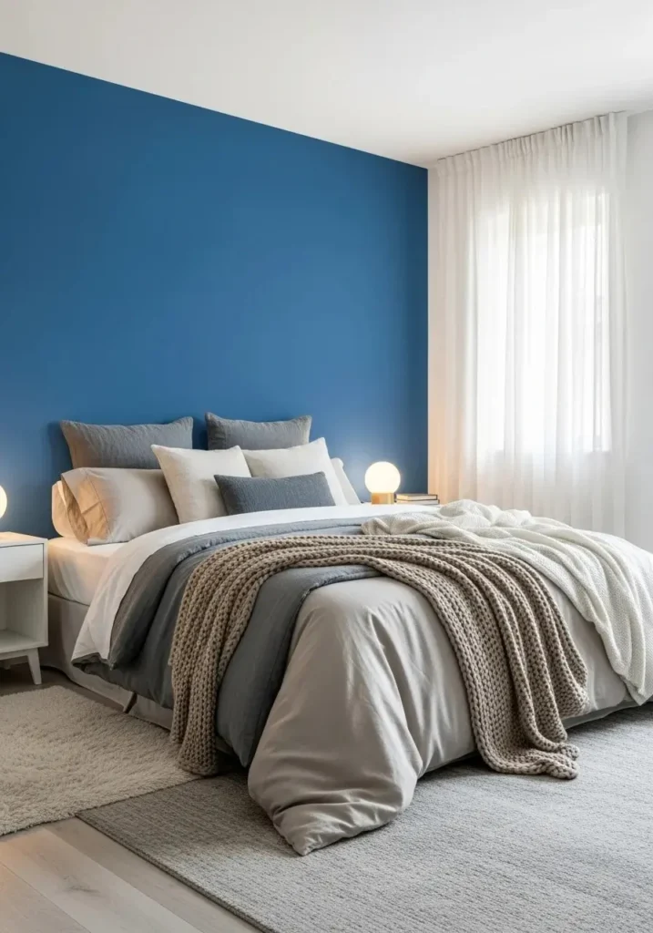 Blue accent wall with neutral layered decor creating a balanced and cozy bedroom space